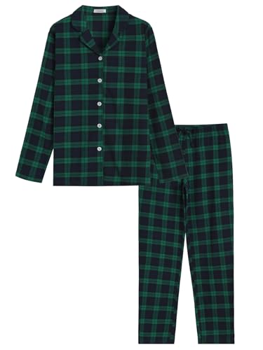 Latuza Women's Tall Flannel Pajama Set Extra Long Button Up Top Pants Pj Set S Navy Green