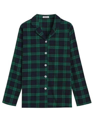 Latuza Women's Tall Flannel Pajama Set Extra Long Button Up Top Pants Pj Set S Navy Green