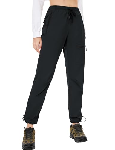 SEVEGO Womens Hiking Pants Tall Inseam 30" Athletic Cargo Pants Lightweight 4 Zipper Pockets Water Resistant Elastic Waist, Black, L