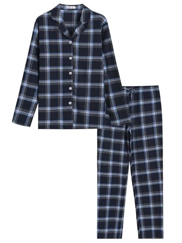 Latuza Women's Tall Flannel Pajama Set Extra Long Button Up Top Pants Pj Set XL Navy Blue
