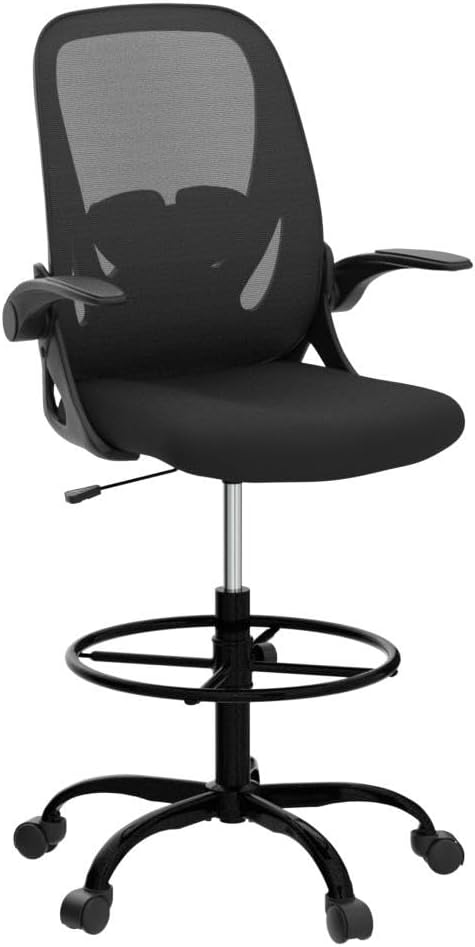 Tall Office Chair with Flip-up Armrests (20" - 28" seat height) - Ergonomic Computer Chair with Lumbar Support