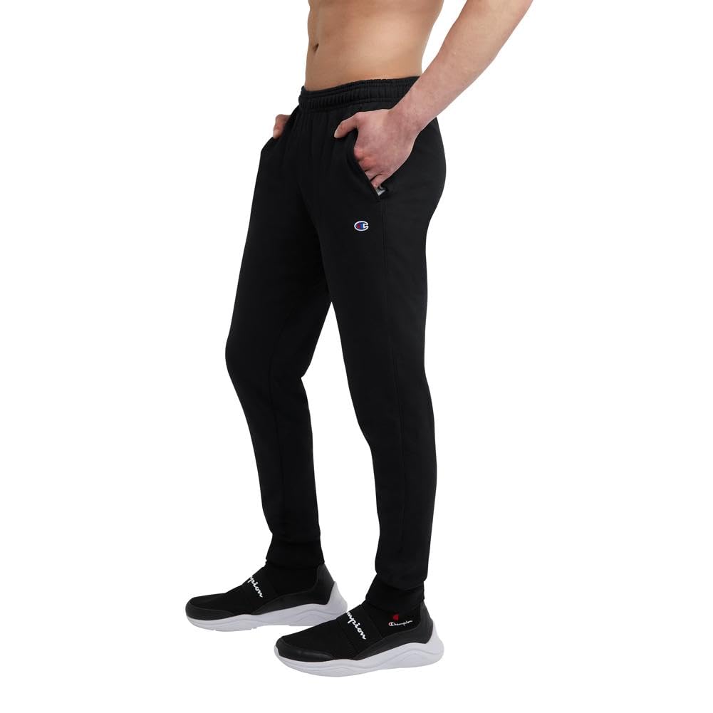 Champion Men's Fleece Joggers, Sweatpants, Standard Fit, Midweight, Script, Available in Regular and Big, Black-C Patch Logo, X-Large Tall