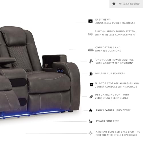 Signature Design by Ashley Fyne-Dyme Contemporary Power Reclining Loveseat with Console, USB Charging Ports and Adjustable Headrest, Gray