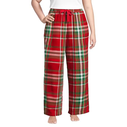 Lands' End Womens Flannel Wide Leg Sleep Pants Compass Red/emerald Plaid Tall Small