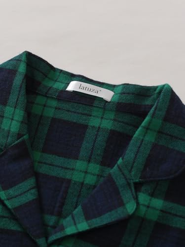 Latuza Women's Tall Flannel Pajama Set Extra Long Button Up Top Pants Pj Set S Navy Green