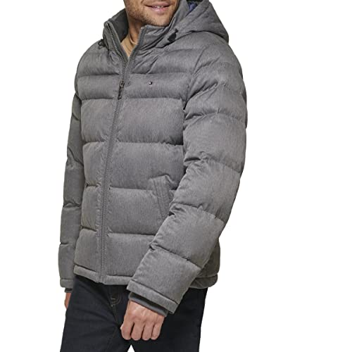 Tommy Hilfiger Men's Hooded Puffer Jacket, Heather Grey, XX-Large Tall