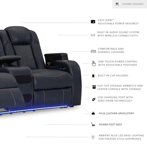 Signature Design by Ashley Fyne-Dyme Contemporary Power Reclining Loveseat with Console, USB Charging Ports and Adjustable Headrest, Blue