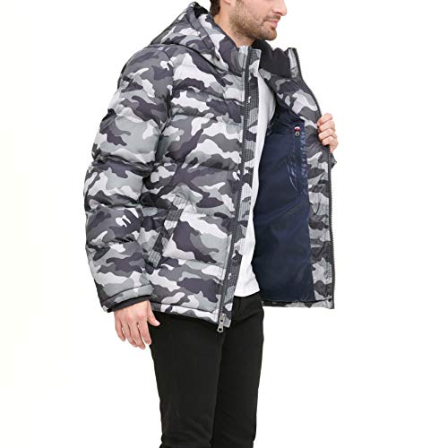 Tommy Hilfiger mens Hooded Puffer Jacket Down Alternative Coat, Grey Camouflage, X-Large Tall US