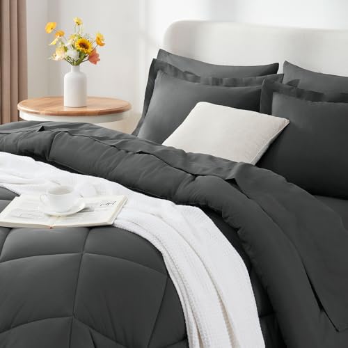 CozyLux California King Comforter Set with Sheets Dark Grey 7 Pieces Cal King Bed in a Bag All Season Bedding Sets with Comforter, Pillow Shams, Flat Sheet, Fitted Sheet and Pillowcases
