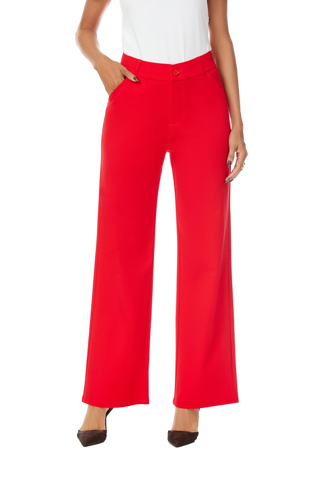 iChosy Womens High Waist Wide Straight Leg Trousers Casual Slacks Dress Pants with Pockets Red 10 ExtraTall
