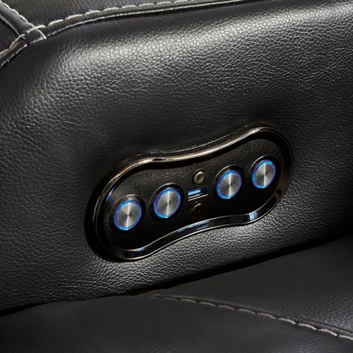 Signature Design by Ashley Caveman Den Modern Faux Leather Power Reclining Sofa with Adjustable Headrest, Drop Down Table, Electrical Outlets and LED Reading Lights, Black