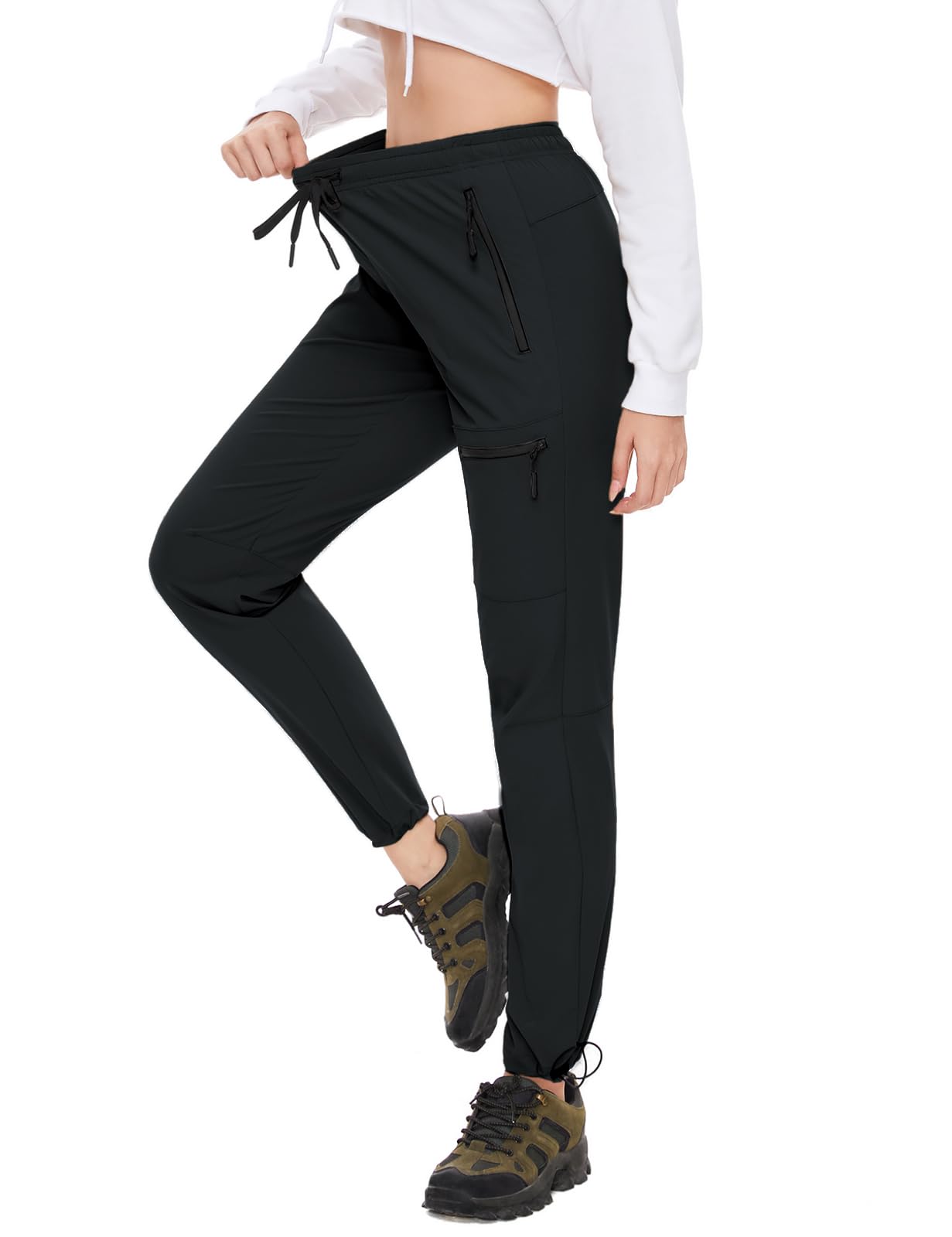 SEVEGO Womens Hiking Pants Tall Inseam 34" Athletic Cargo Pants Lightweight 4 Zipper Pockets Water Resistant Elastic Waist, Black, XS