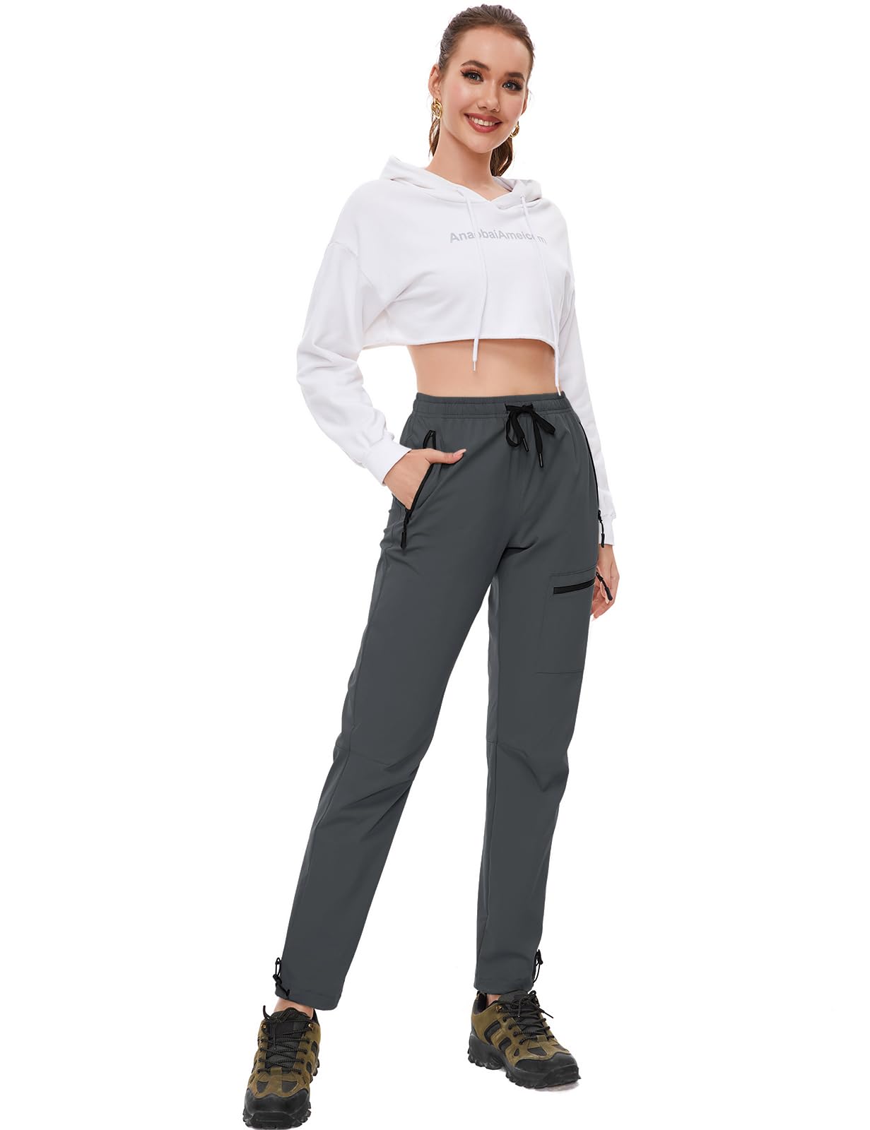 SEVEGO Womens Hiking Pants Tall Inseam 36" Athletic Cargo Pants Lightweight 4 Zipper Pockets Water Resistant Elastic Waist, Gray, XS