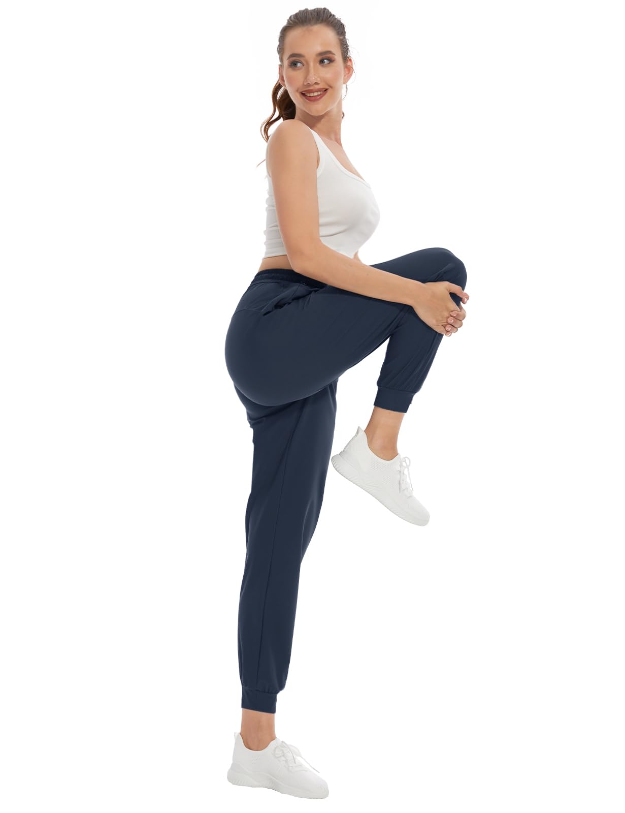 SEVEGO Women's 34" Tall Inseam Joggers Lightweight Sweatpants Zipper Pockets Athletic Workout Lounge Pants Navy Blue, XL