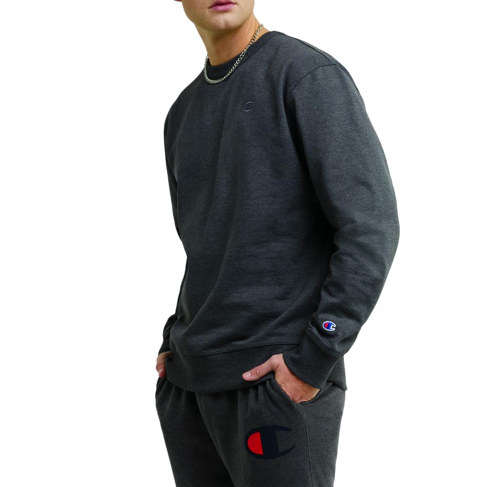Champion Men's Crewneck Fleece Sweatshirt, Standard Fit, Midweight, Available in Regular and Big, Granite Heather-C Logo, 3X-Large Tall