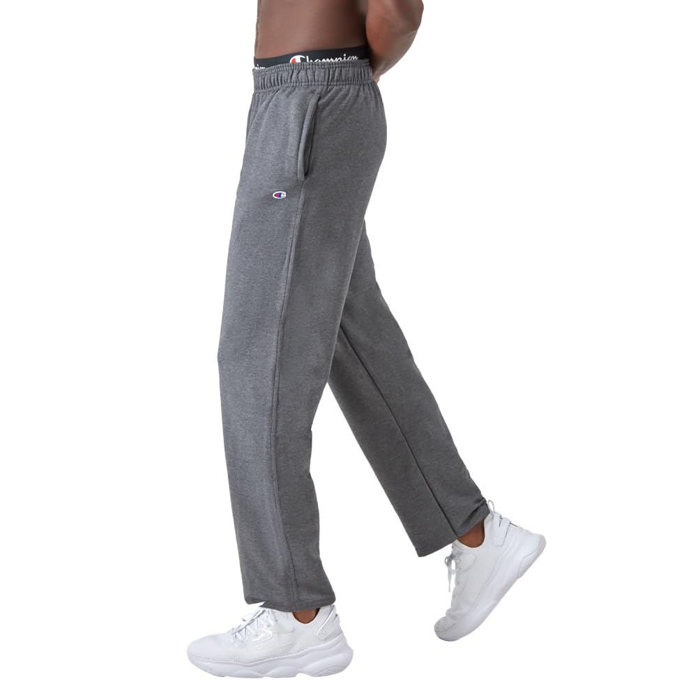 Champion Men's Open-Bottom Fleece Sweatpants, Standard Fit, Midweight, Available in Regular and Big, Granite Heather-C Patch Logo, Large Tall