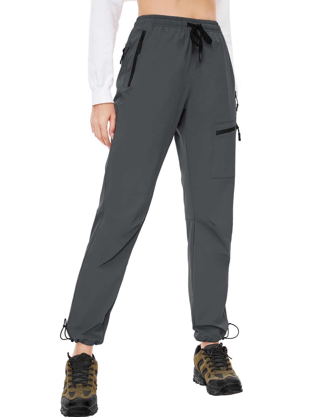 SEVEGO Womens Hiking Pants Tall Inseam 34" Athletic Cargo Pants Lightweight 4 Zipper Pockets Water Resistant Elastic Waist, Gray, M