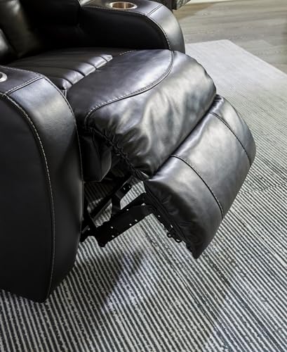 Signature Design by Ashley Caveman Den Modern Faux Leather Power Reclining Sofa with Adjustable Headrest, Drop Down Table, Electrical Outlets and LED Reading Lights, Black