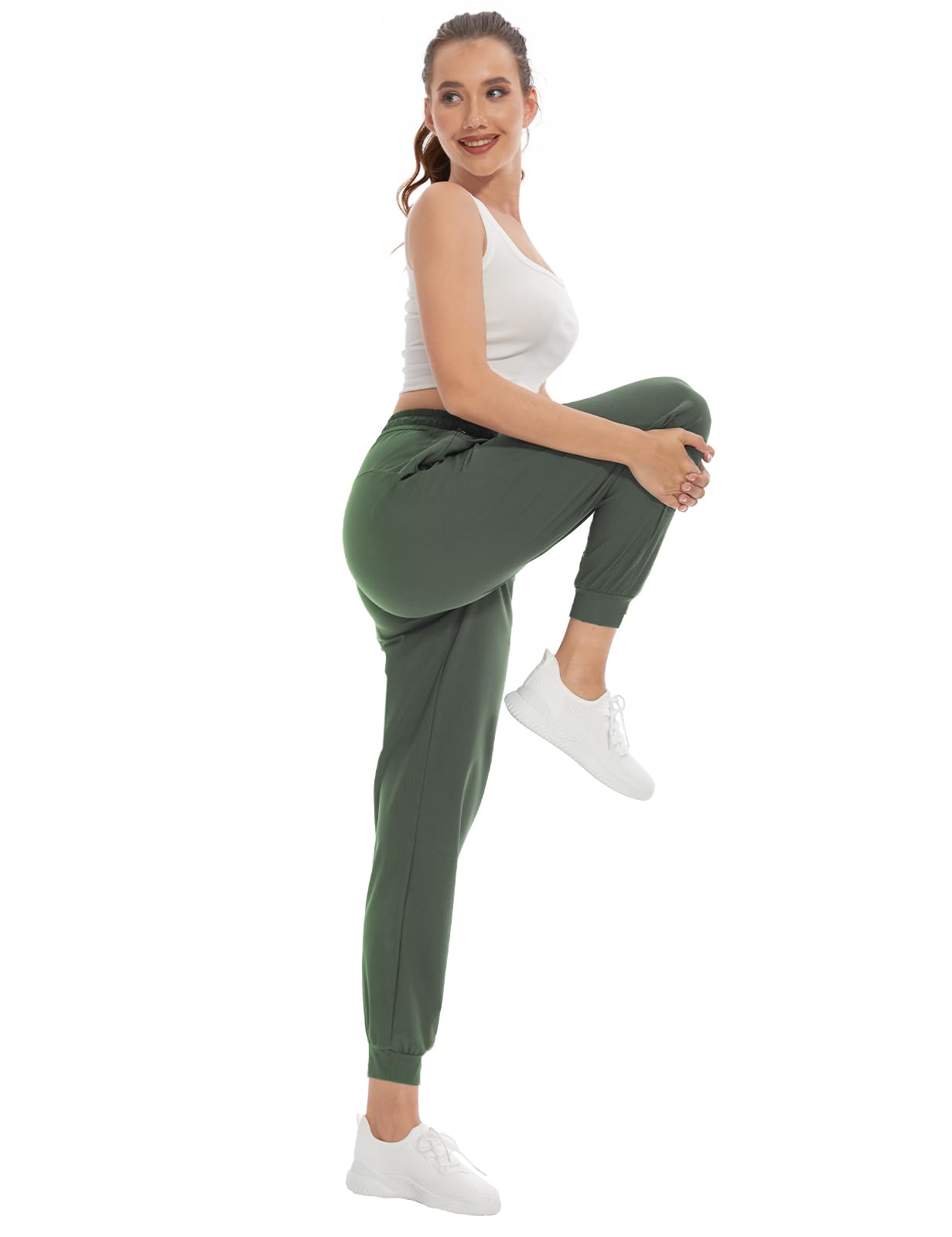 SEVEGO Women 34" Tall Inseam Joggers Lightweight Sweatpants Zipper Pockets Athletic Workout Lounge Pants Army Green, XL