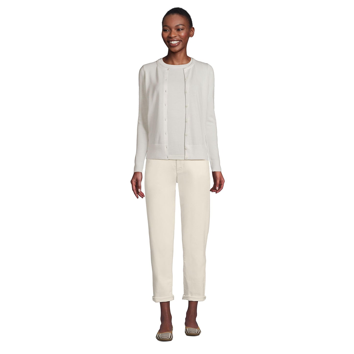 Lands' End Womens FG Cotton Cardigan Sweater Ivory Tall X-Large