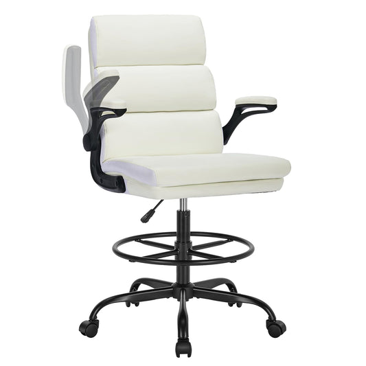 Drafting Chair Tall Office Chair with Padded Flip-up Armrests Executive Ergonomic Computer Standing Desk Chair with Comfortable Leather Backrest and Adjustable Footrest Ring (White)