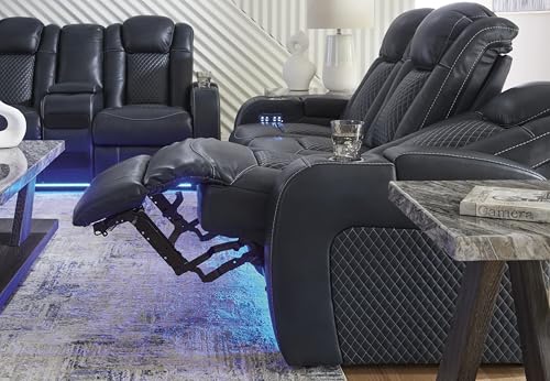 Signature Design by Ashley Fyne-Dyme Contemporary Power Reclining Loveseat with Console, USB Charging Ports and Adjustable Headrest, Blue