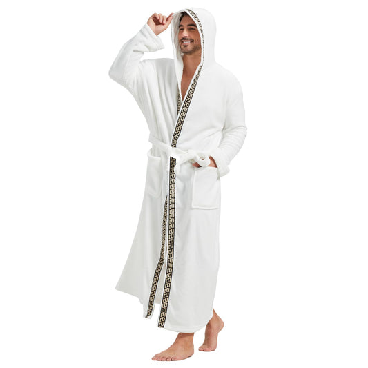 FashGudim Men's Hooded Plush Robe with Black Trim Full Length Plush Long Robe for Men Big and Tall Warm Fleece Bathrobes House Robes (White & Black Trim, S/M)