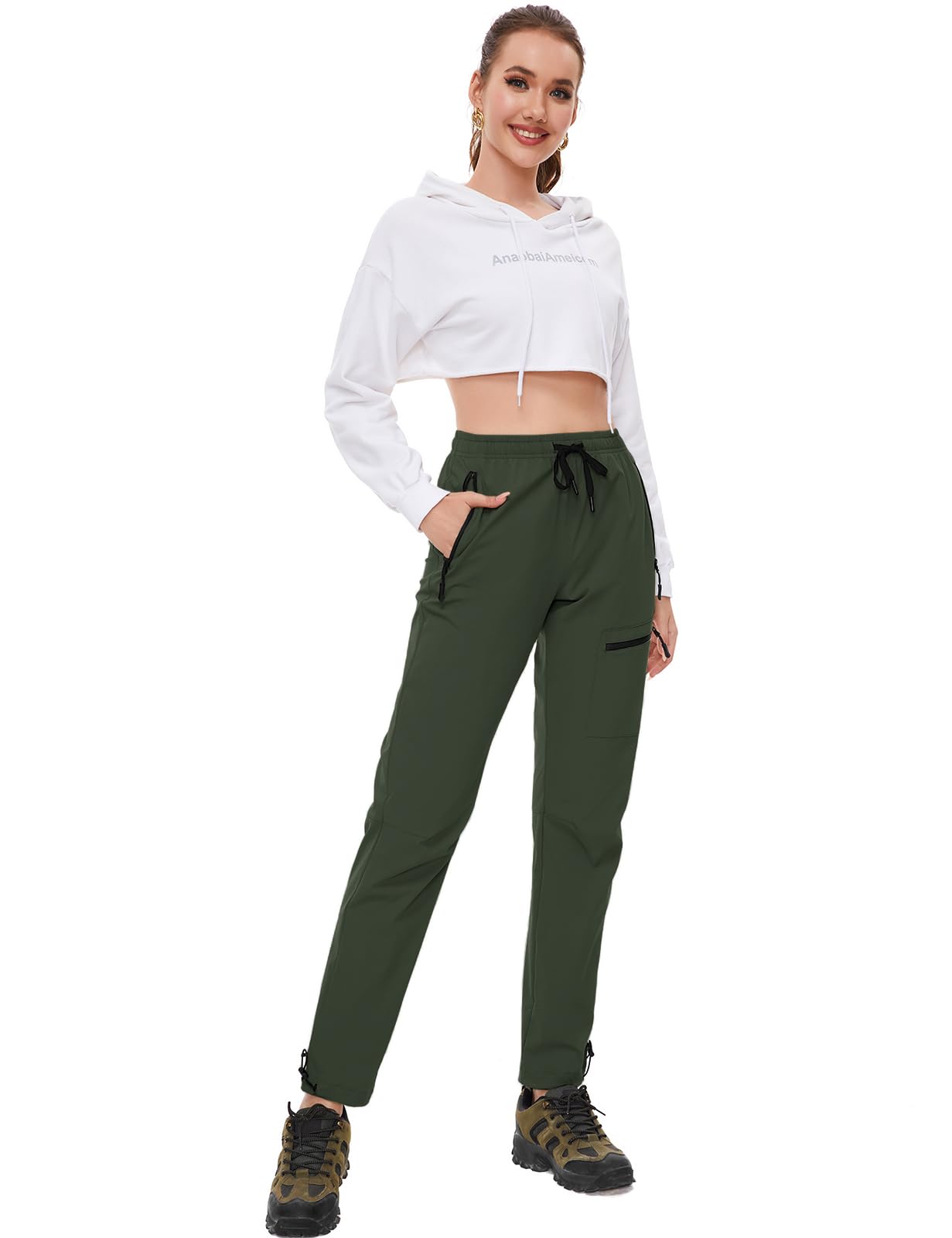 SEVEGO Womens Hiking Pants Tall Inseam 34" Athletic Cargo Pants Lightweight 4 Zipper Pockets Water Resistant Elastic Waist, Green, S