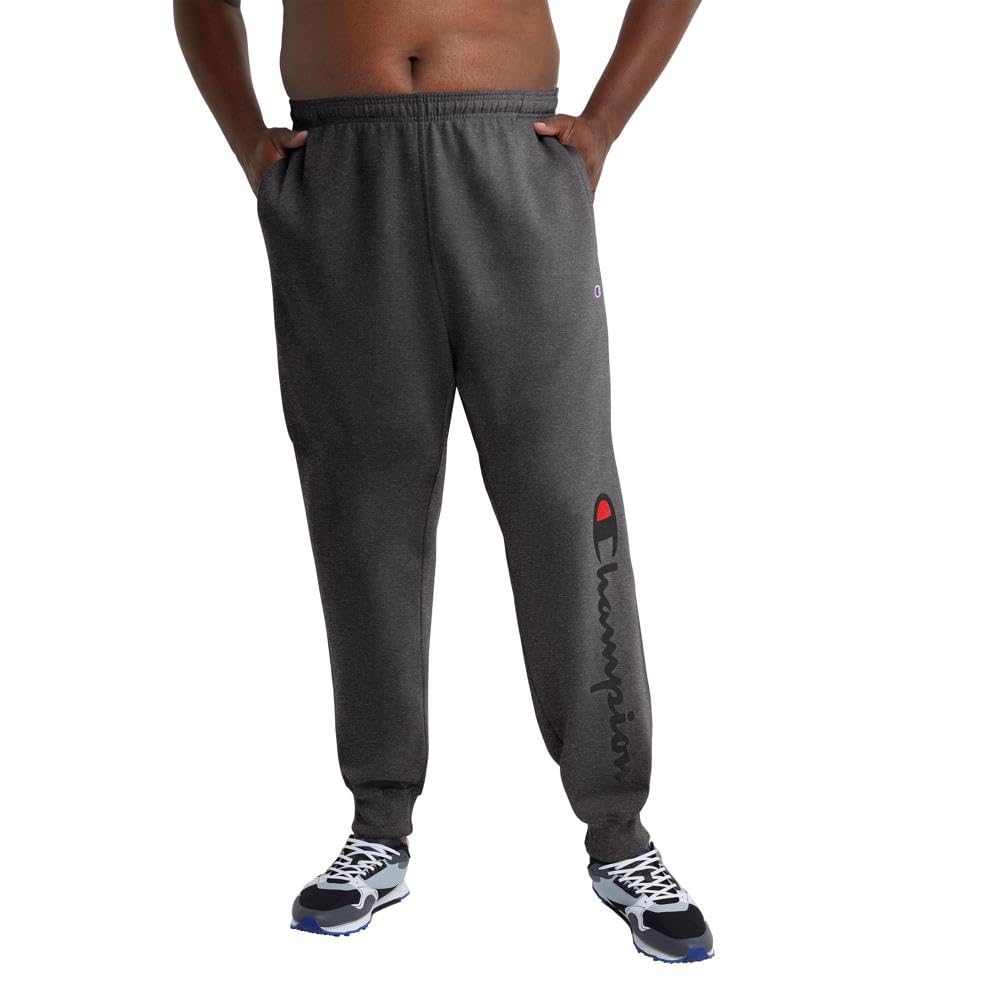 Champion Men's Fleece Joggers, Sweatpants, Standard Fit, Midweight, C, Available in Regular and Big, Granite Heather-Classic Script Logo, XX-Large Tall