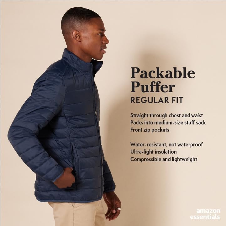 Amazon Essentials Men's Packable Lightweight Water-Resistant Puffer Jacket (Available in Big & Tall), Navy, 5X-Large Big Tall