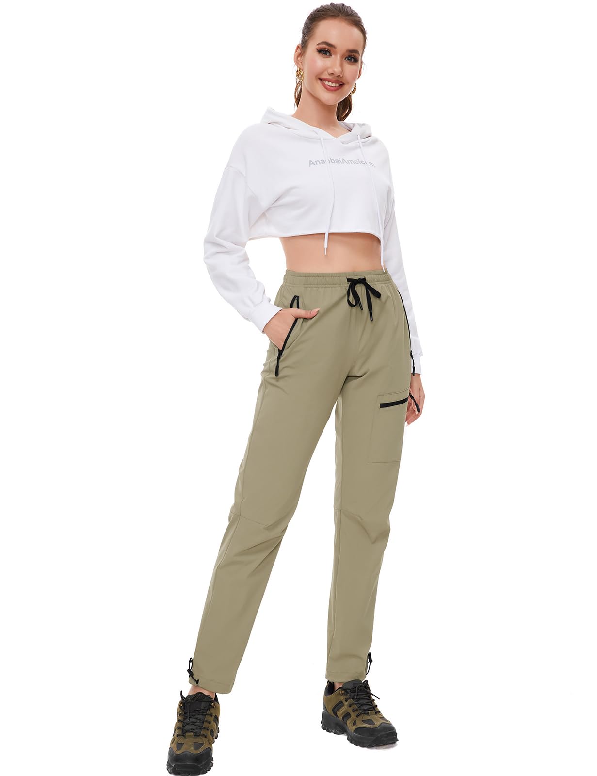 SEVEGO Womens Hiking Pants Tall Inseam 34" Athletic Cargo Pants Lightweight 4 Zipper Pockets Water Resistant Elastic Waist, Khaki, L