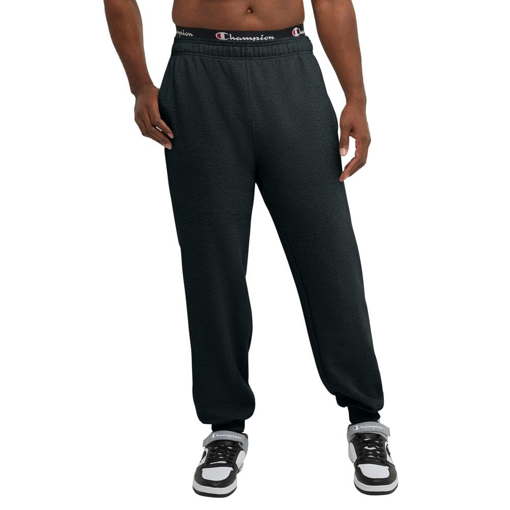Champion Men's Fleece Joggers, Sweatpants, Standard Fit, Midweight, Script, Available in Regular and Big, Black-C Patch Logo, X-Large Tall