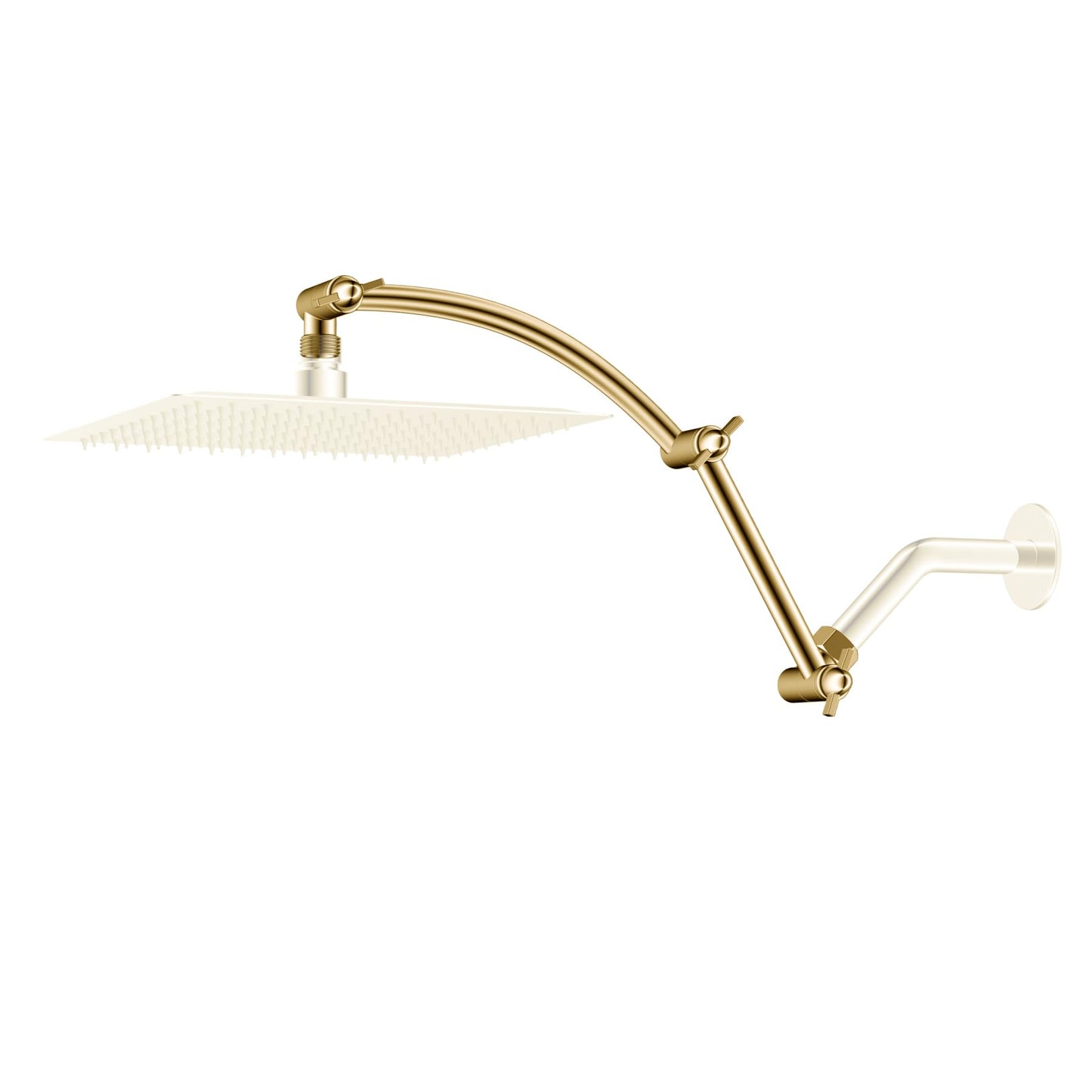 Hibbent Shower Head Extension Arm,16" Solid Brass Adjustable Extender with Lock Joint, Standard 1/2", Rise or Lower Rainfall and Fixed Shower Head, Height/Angle Adjustable Extension Arm, Brushed Brass