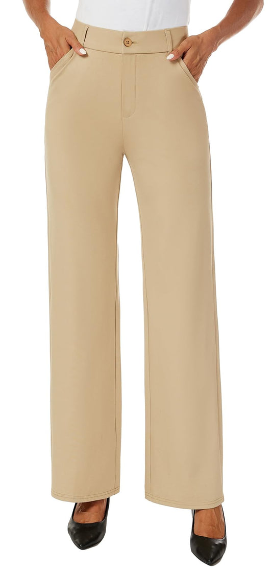 iChosy Womens High Waist Wide Straight Leg Trousers Casual Slacks Dress Pants with Pockets Khaki 8 ExtraTall