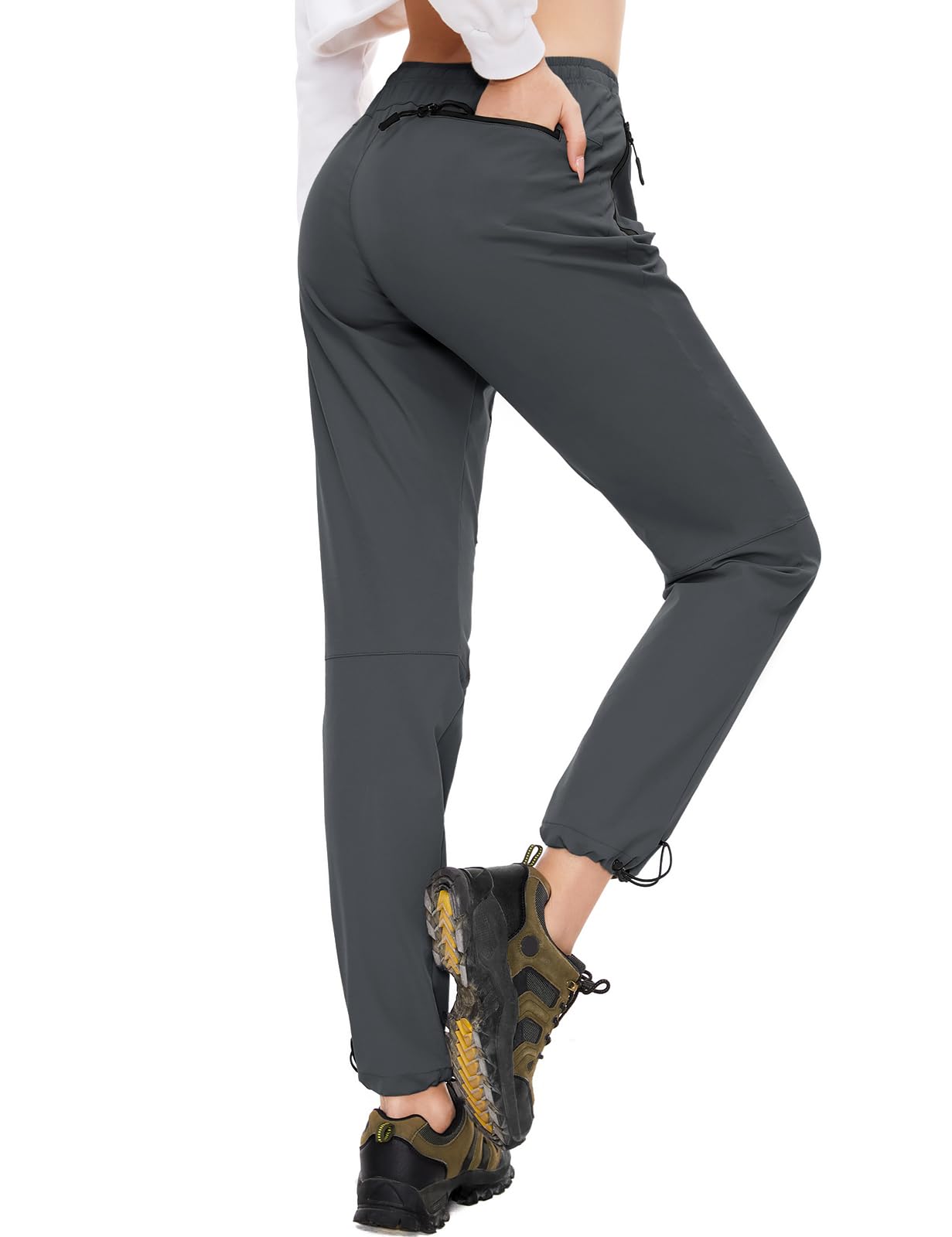 SEVEGO Womens Hiking Pants Tall Inseam 34" Athletic Cargo Pants Lightweight 4 Zipper Pockets Water Resistant Elastic Waist, Gray, S
