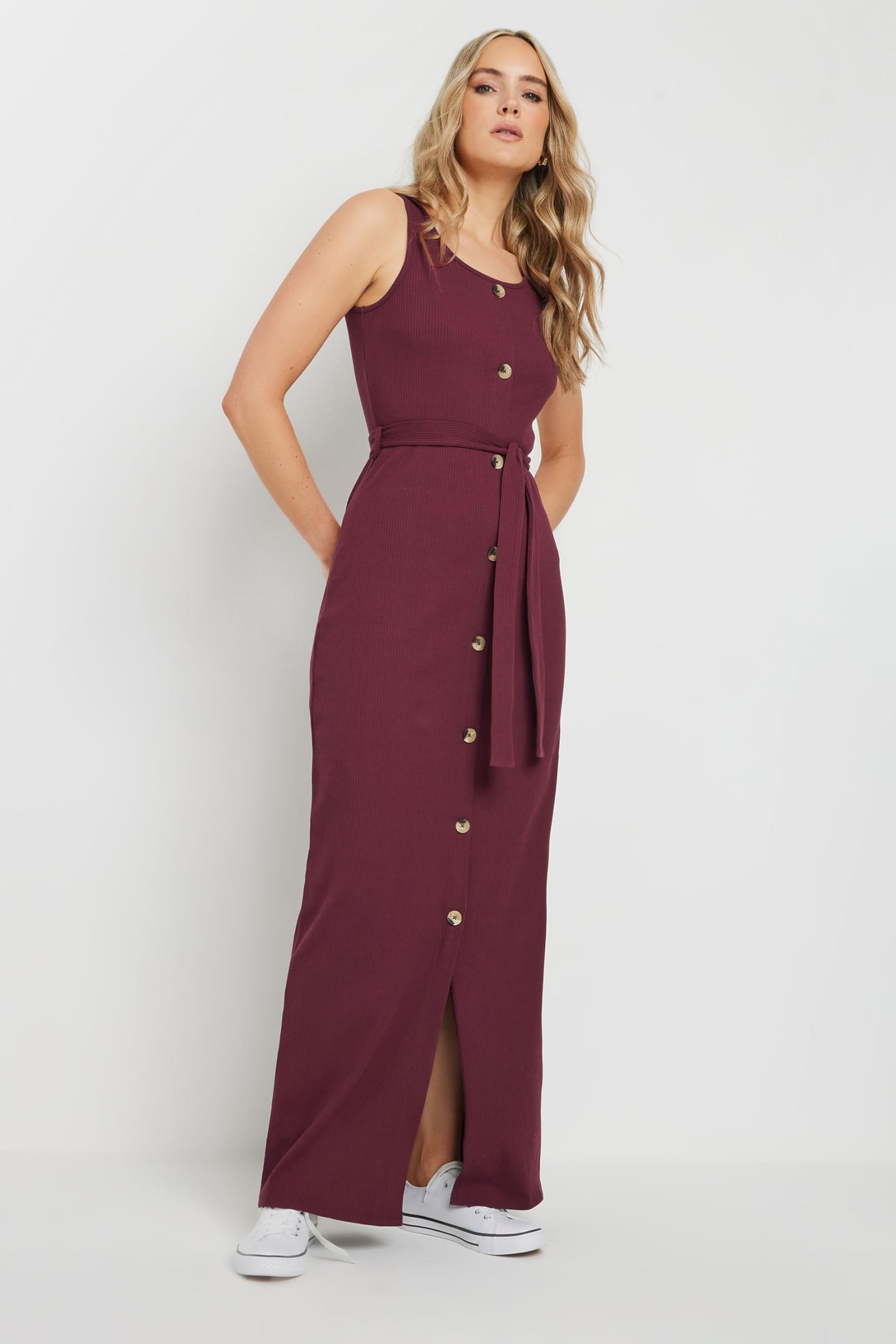 Long Tall Sally LTS Tall Women's Ribbed Button Through Maxi Dress Burgundy 12
