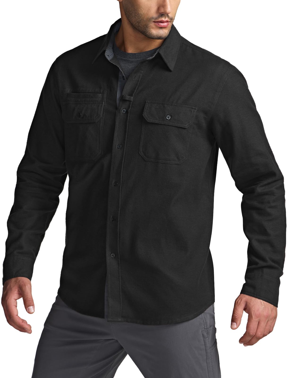 CQR Men's Flannel Button Down Shirts, Soft Cotton Plaid Long Sleeve Tactical Work Shirt, Warm Outdoor Essential with Pocket, Stealth Black, X-Large Tall