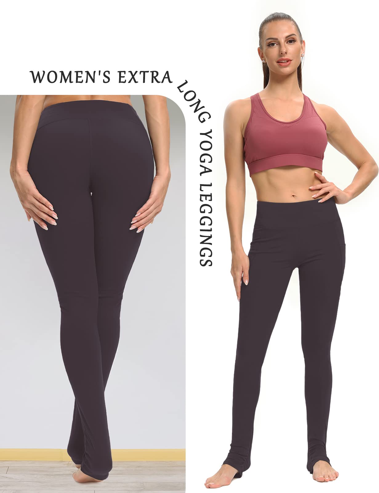 SEVEGO Women's Extra Long Yoga Leggings with Pockets Over The Heel Stacked Legging Barre Dance Athletic Pants, Burgundy, S