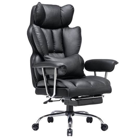 Efomao Desk Office Chair 400LBS, Big and Tall Office Chair, PU Leather Computer Chair, Executive Office Chair with Leg Rest and Lumbar Support, Black Office Chair