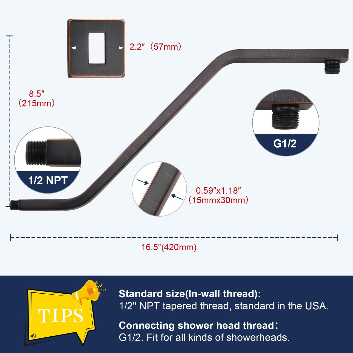 Square Shower Head Extension Arm with Flange, 16.5 Inch Z/S Shaped High Rise Shower Pipe Extender Wall-Mounted for Fixed Bathroom, Shower Head Goose Neck Arm - Extra Long Thread (Oil Rubbed Bronze)