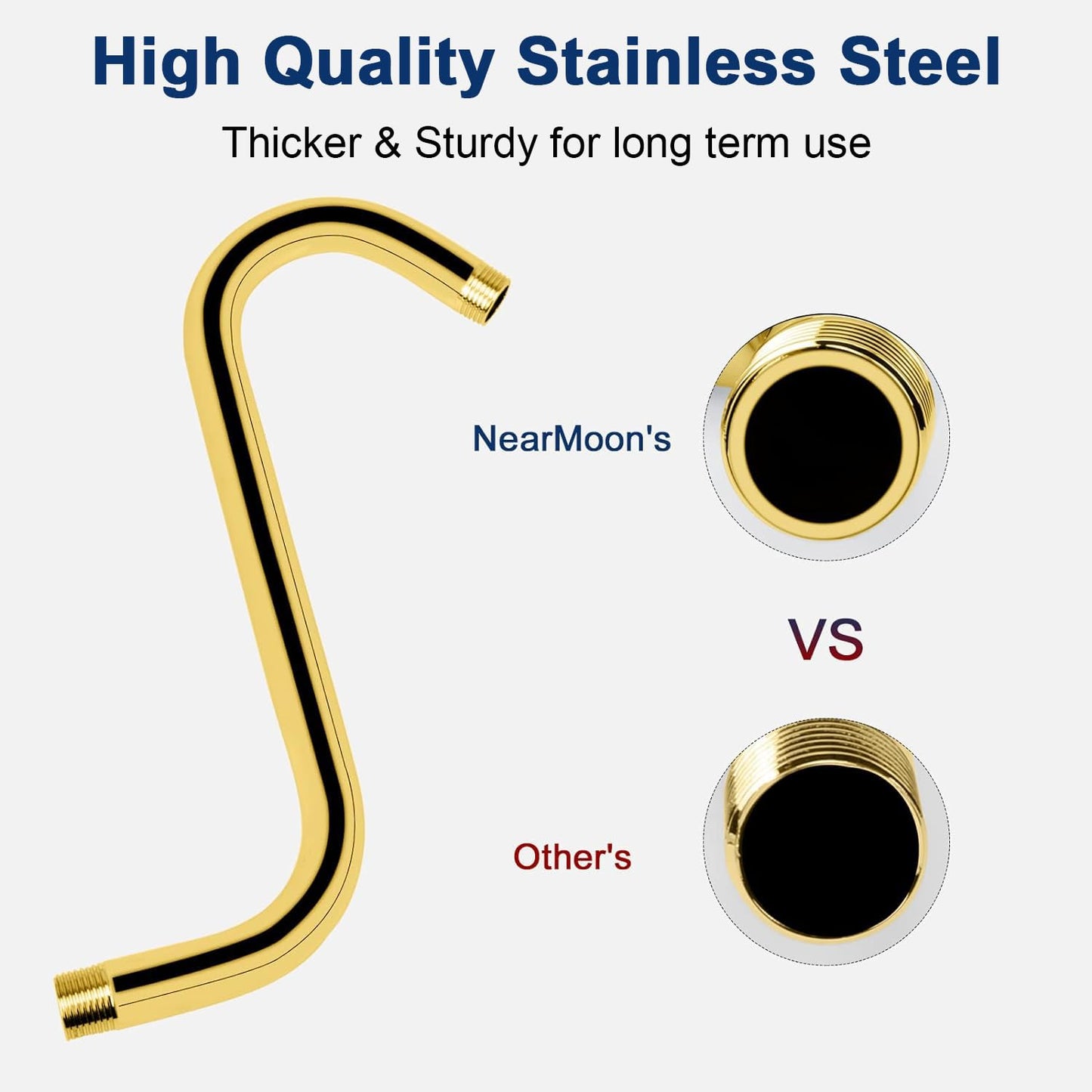 NearMoon S Shaped Shower Head Riser Pipe, Shower Extender Arm with Flange, Standard 1/2" Connection- Bathroom Accessory, 10 Inch (1 Pack,Chrome Gold)