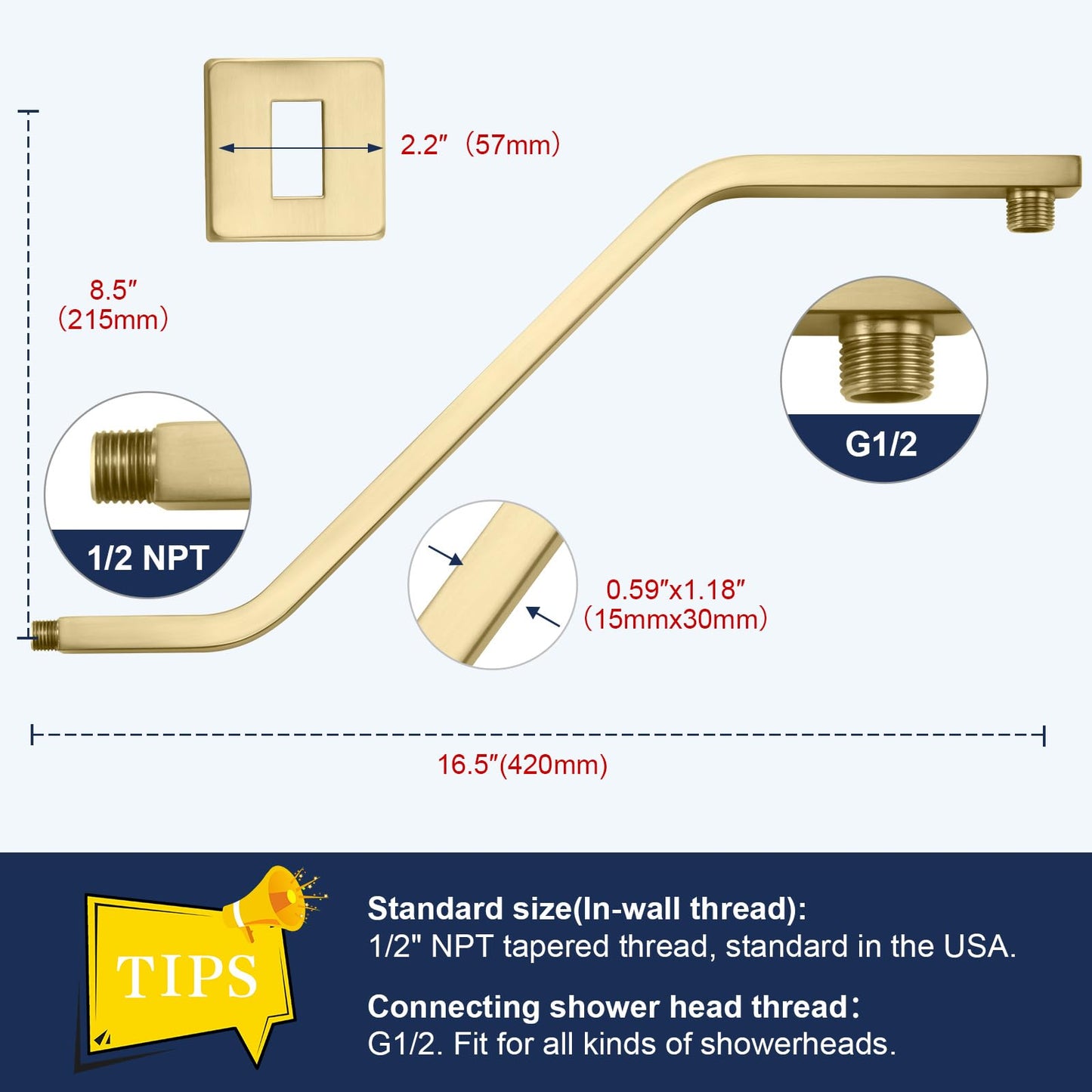 Uvish Square Shower Head Extension Arm with Flange, 16.5 Inch Z/S Shaped High Rise Shower Pipe Extender Wall-Mounted for Fixed Bathroom, Shower Head Goose Neck Arm - Extra Long Thread, Brushed Gold