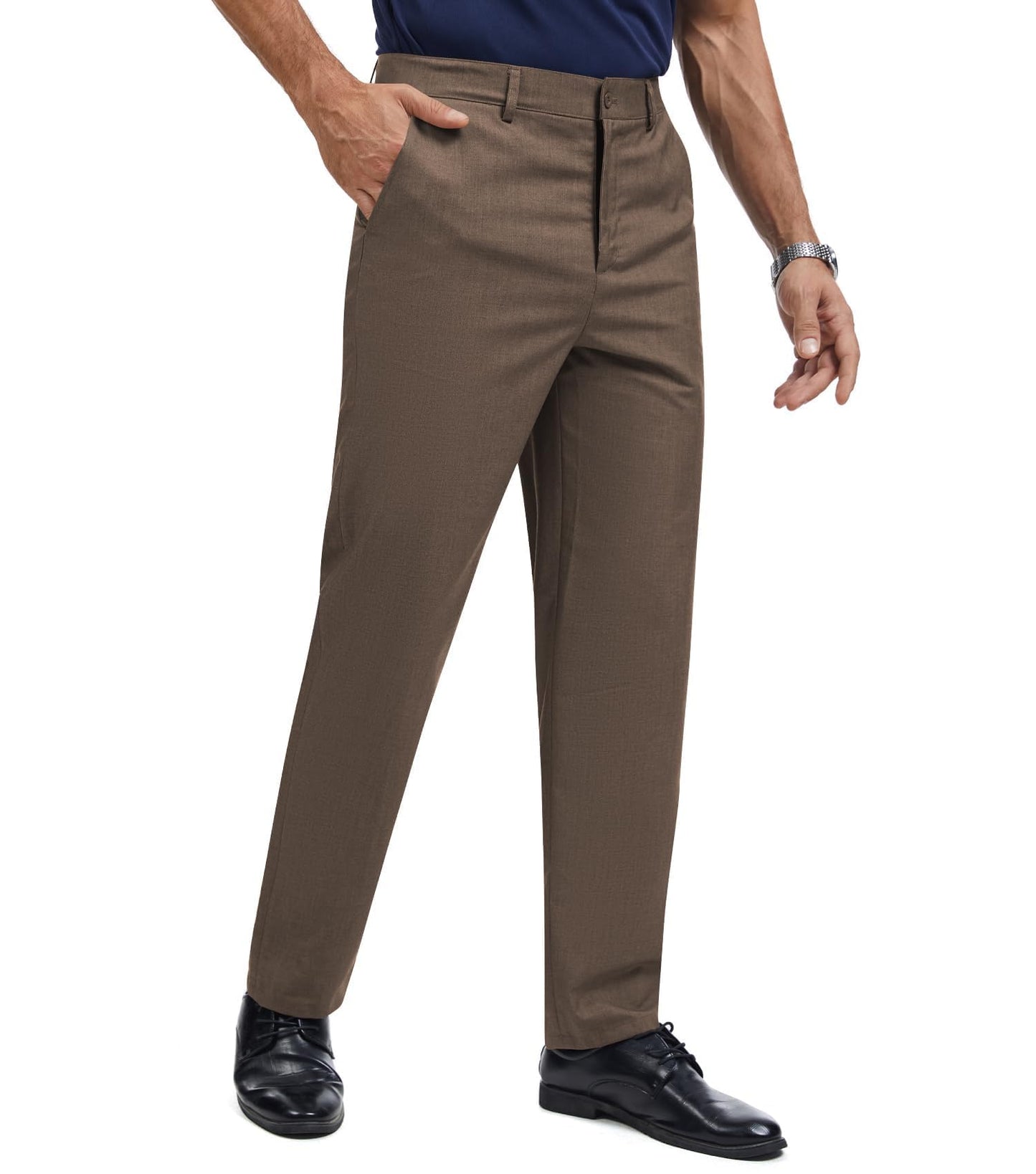 Men's Tall Classic Fit Flex Flat Front Dress Pants Formal Pants for Business & Office Coffee
