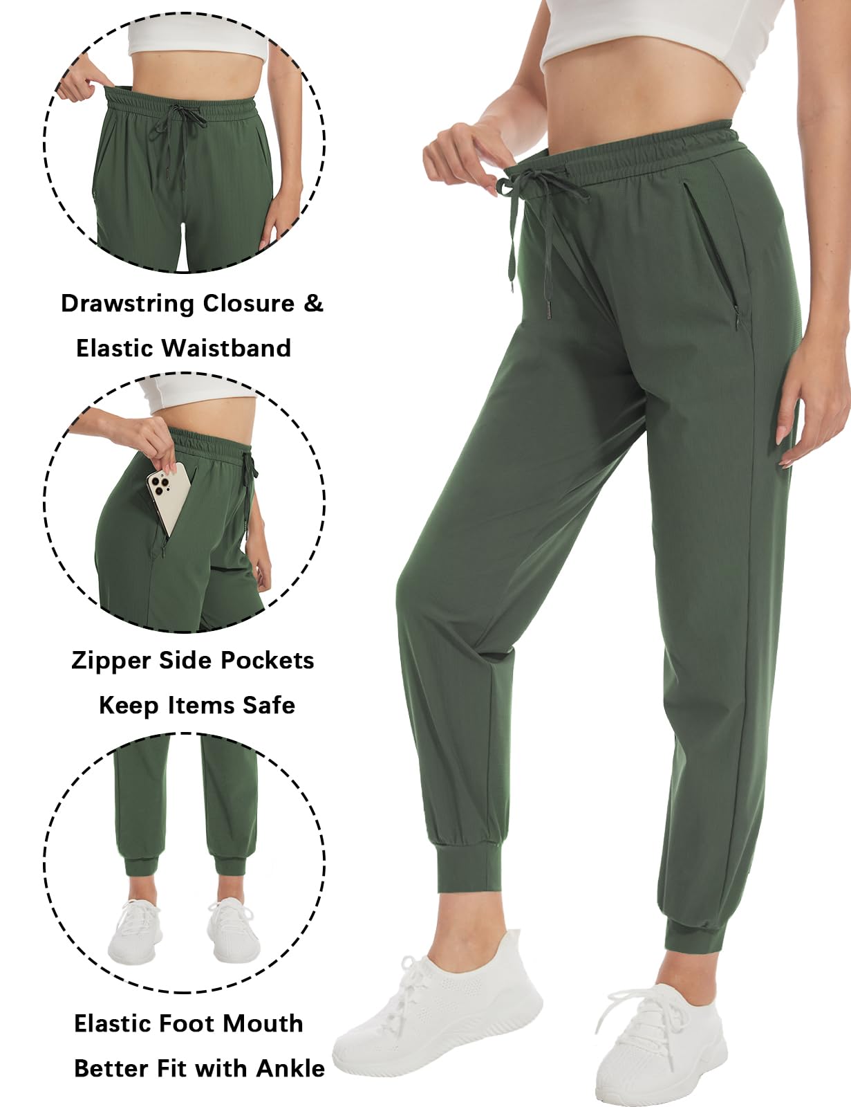 SEVEGO Women 36" Tall Inseam Joggers Lightweight Sweatpants Zipper Pockets Athletic Workout Lounge Pants Army Green, XS