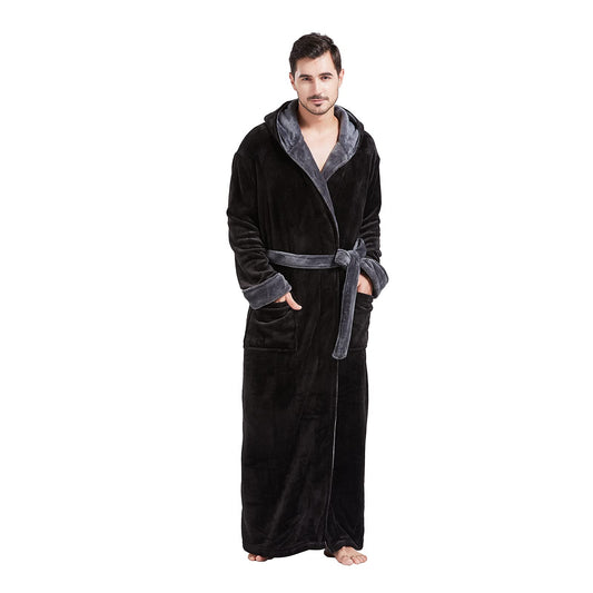 FashGudim Mens Robes Big and Tall with Hood Two-Tone Flannel Fleece Contrast Bathrobe Full Length Plush Long Robe Warm House Coat (Black & Grey, 6XL)