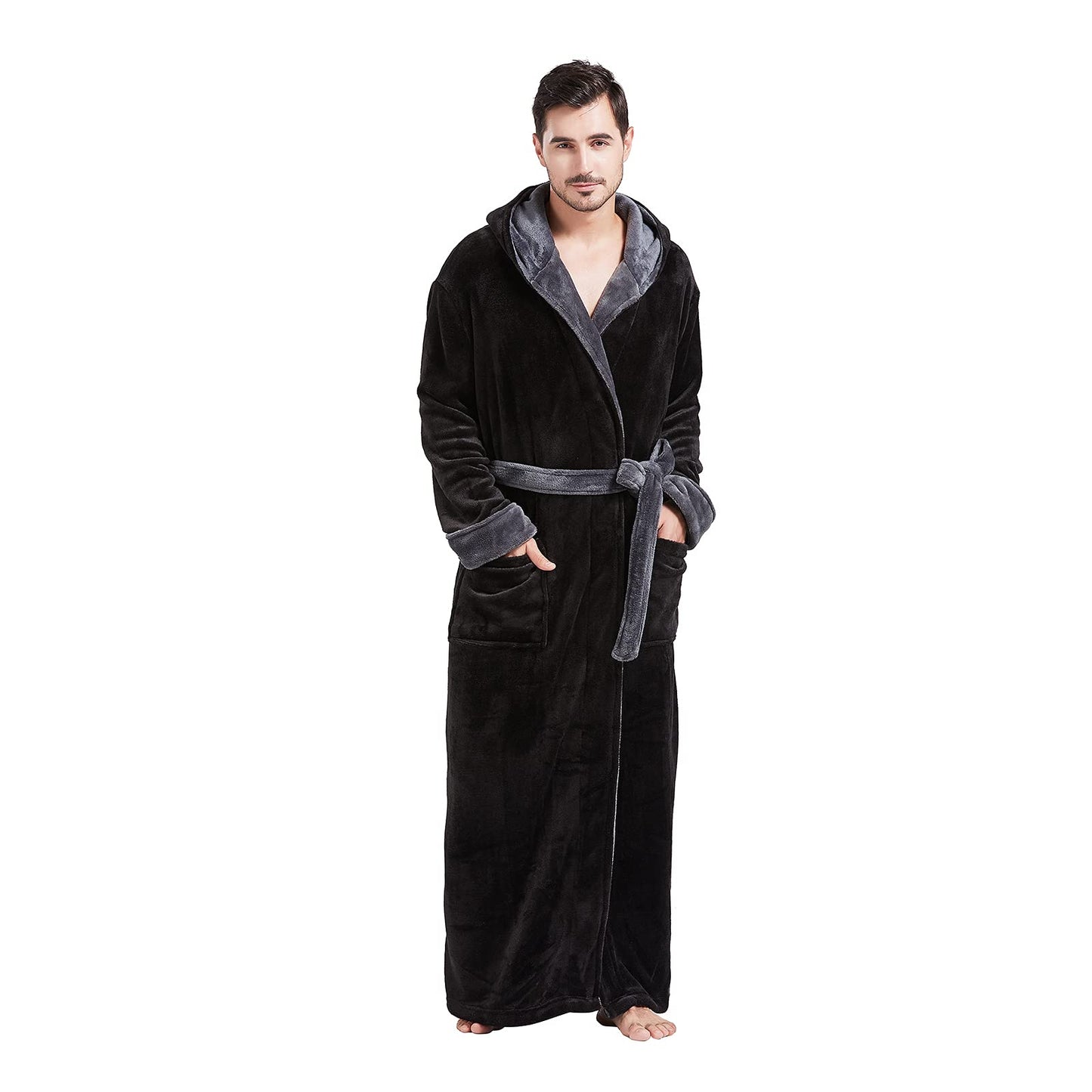FashGudim Mens Robes Big and Tall with Hood Two-Tone Flannel Fleece Contrast Bathrobe Full Length Plush Long Robe Warm House Coat (Black & Grey, 7XL)