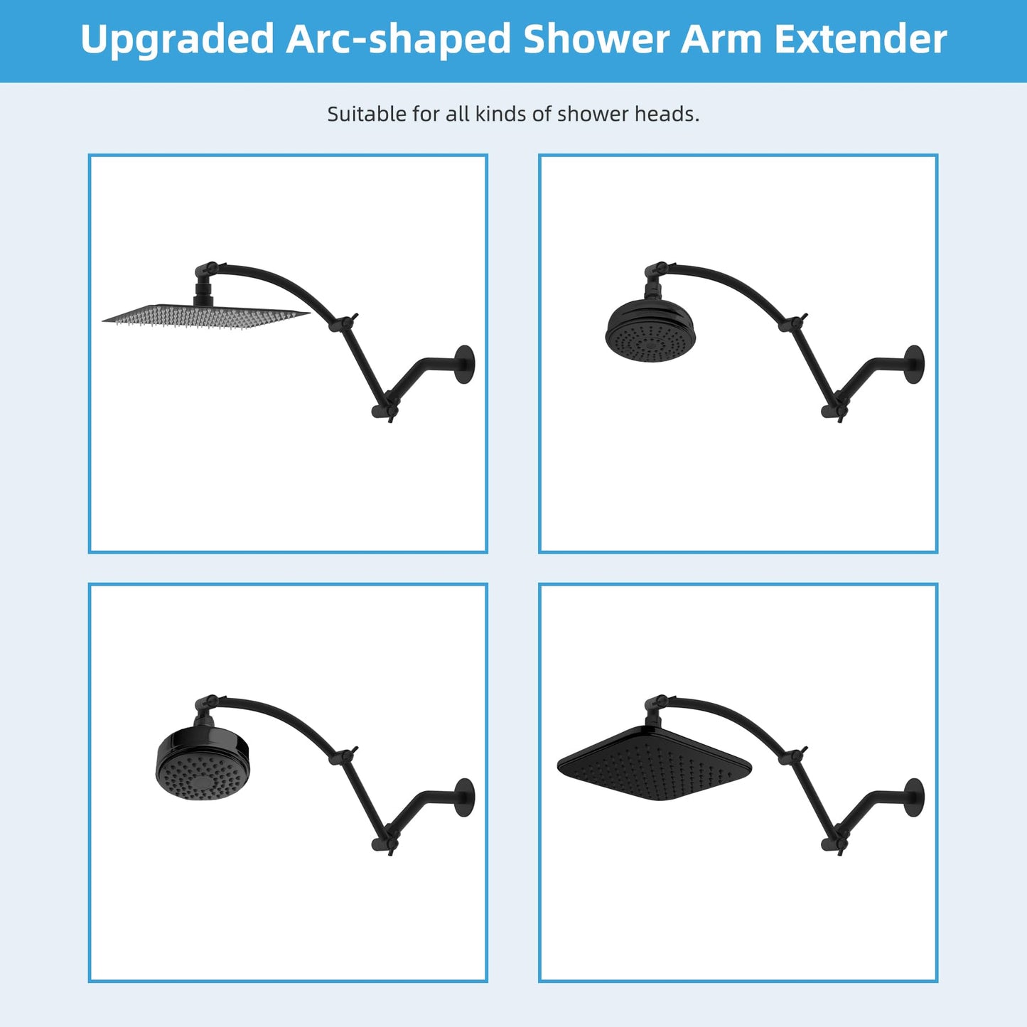 Hibbent All Metal 16'' Shower Head Extension Arm, Solid Brass Flexible Height & Angle Adjustable Shower Head Arm Extender with Lock Joints, Stainless Steel G1/2 Universal Connection, Matte Black