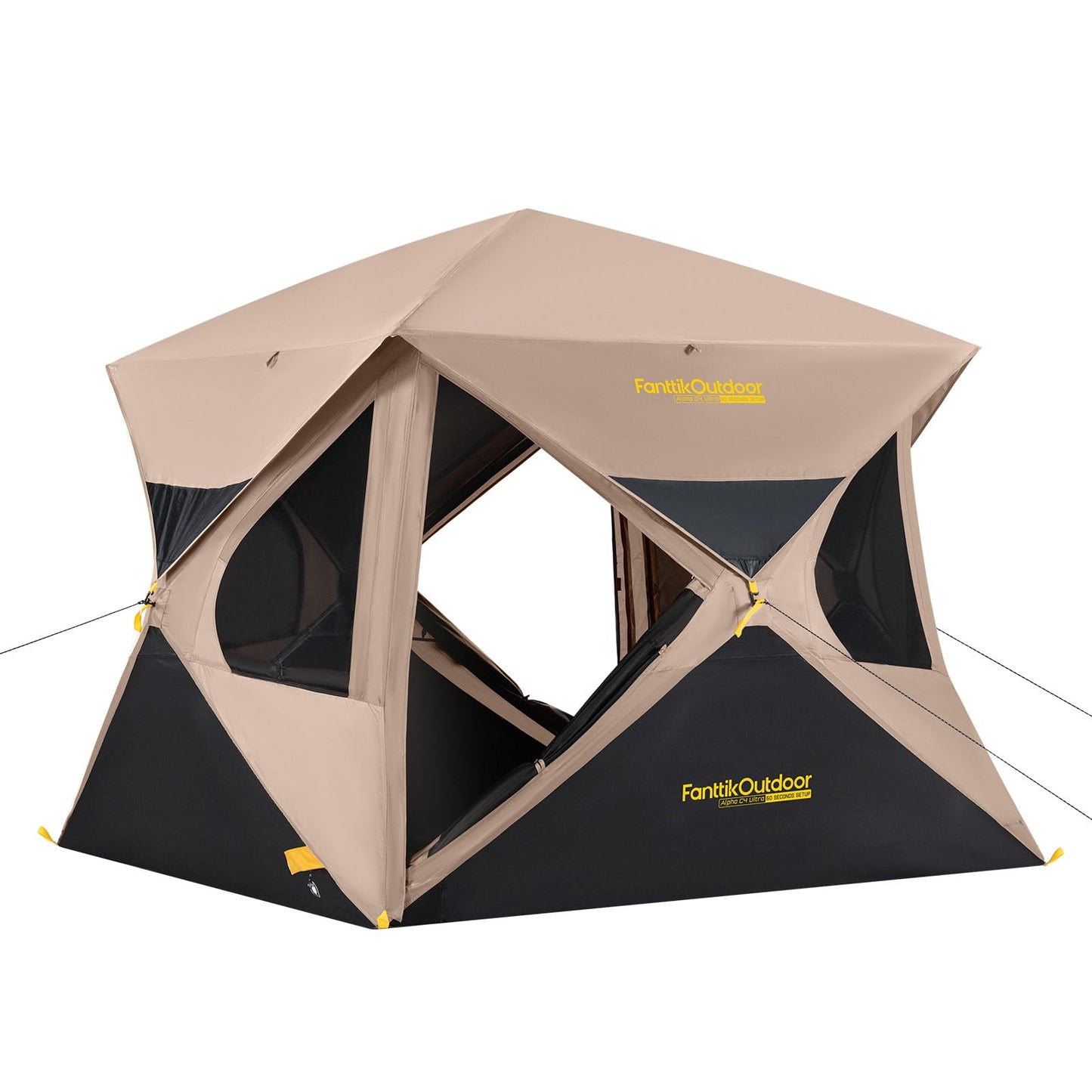 FanttikOutdoor Alpha C4 Ultra Camping Tent 4 Person Pop Up Instant Cabin Setup in 60 Seconds Portable Hub Tent with Rainfly & Windproof for Outdoor Camping & Overlanding, Khaki