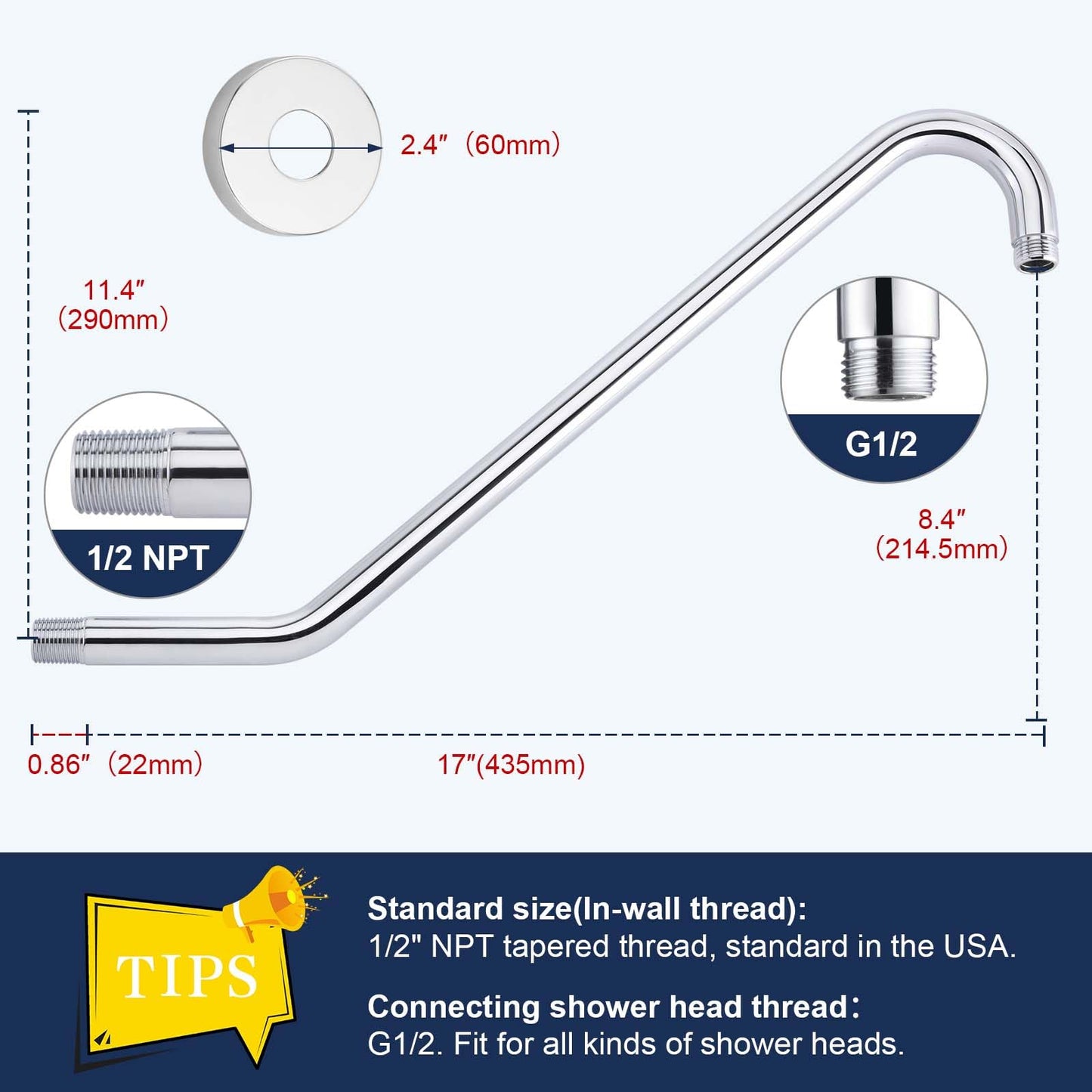 Shower Head Extension Arm with Flange,17 Inch Uvish Stainless Steel S Shaped Shower Head Riser Pipe, High Rise Extra Long Goose Neck Shower Extender Arm, Standard 1/2" Connection, Polished Chrome