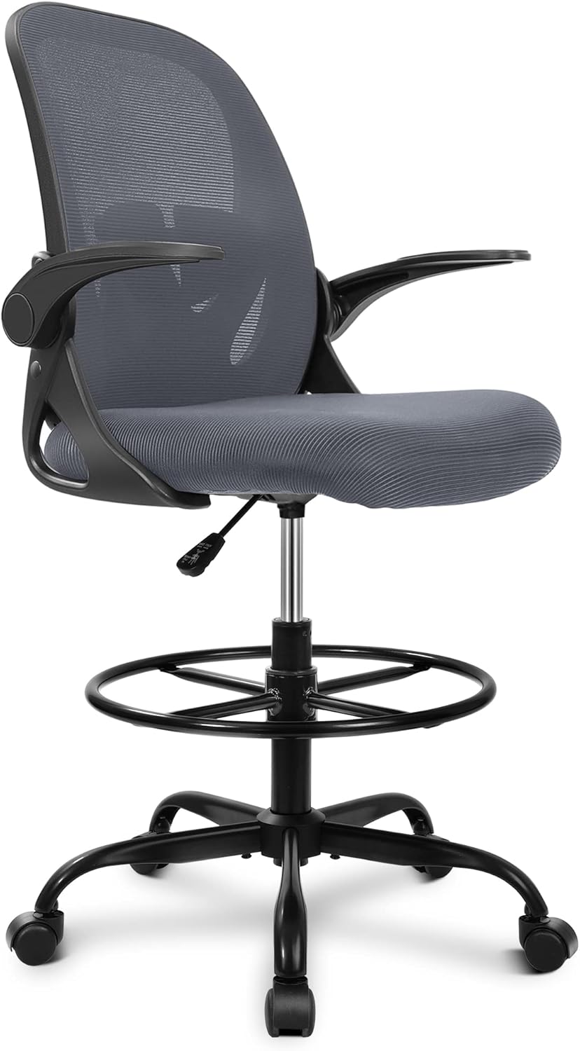 Tall Office Chair with Flip-up Armrests (20" - 28" seat height) - Ergonomic Computer Chair with Lumbar Support